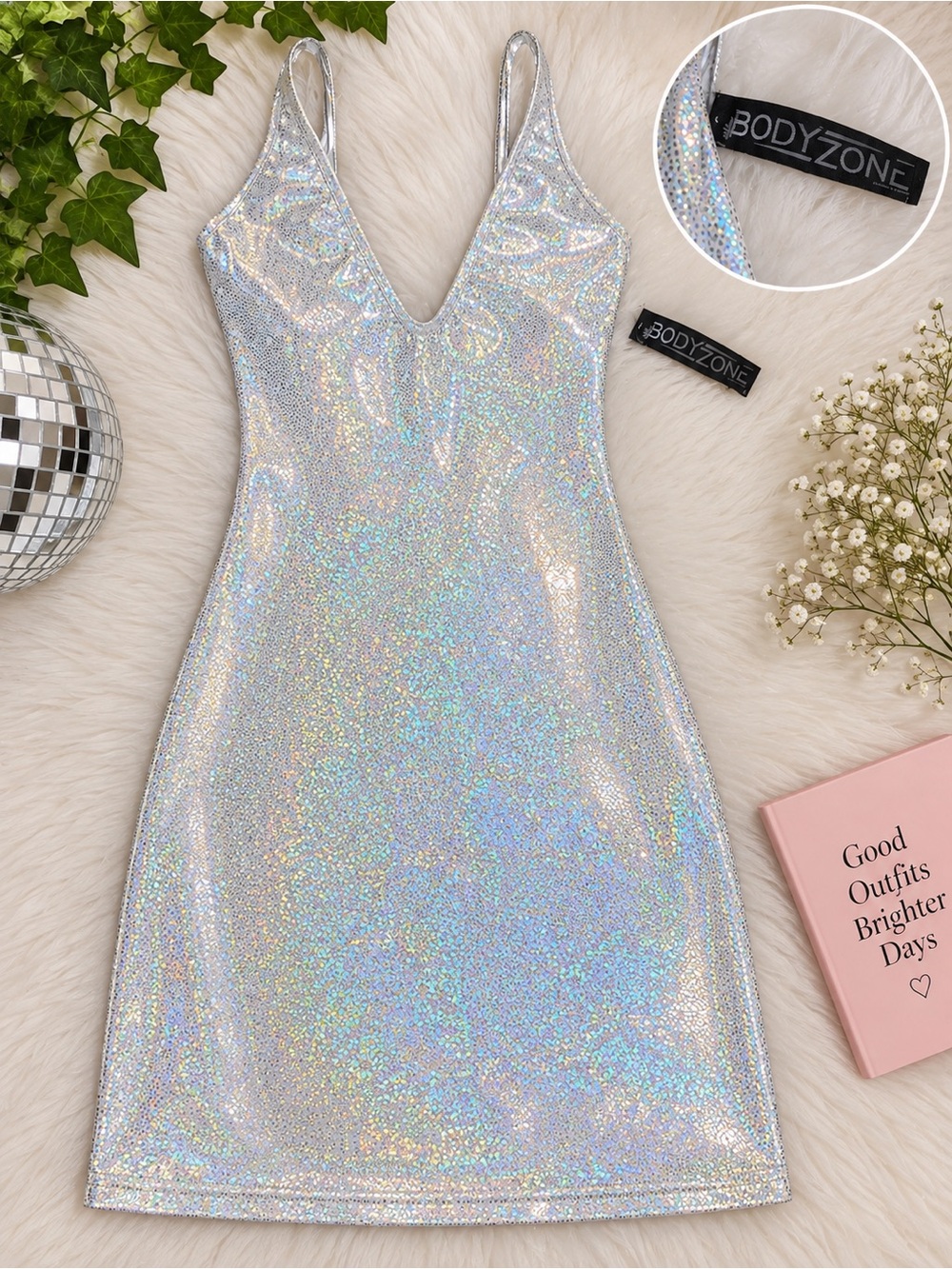 Silver Holographic V-Neck Mini Dress